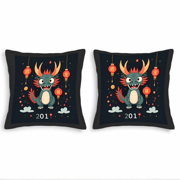 Set of 2 18x18in Throw Pillow Covers featuring a playful cartoon dragon design with vibrant colors perfect for couch bed or car decor
