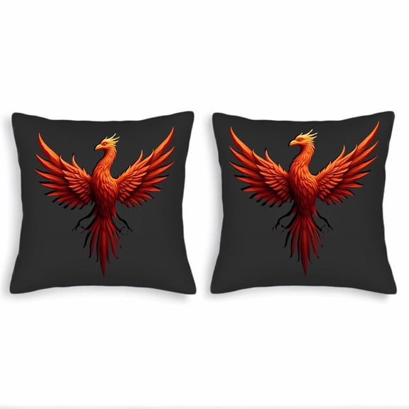Set of 2 18x18in Throw Pillow Covers featuring a vibrant phoenix design with intricate orange and red feathers perfect for couch bed or car