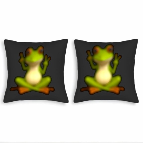 Set of 2 18x18in Throw Pillow Covers featuring a vibrant whimsical green frog design making peace signs perfect for couch bed or car