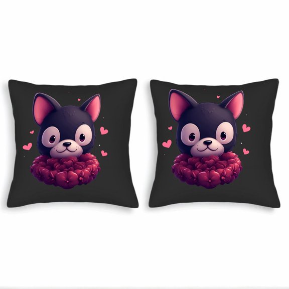 Set of 2 18x18in Throw Pillow Covers featuring a whimsical cartoon dog with pink ears and heart accents perfect for couch bed or car