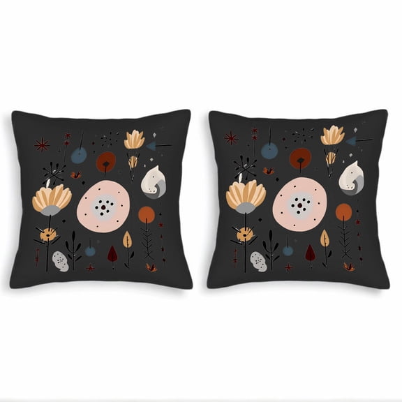 Set of 2 18x18in Throw Pillow Covers with Abstract Floral & Geometric Patterns in Muted Orange Brown Gray & Blue for Couch Bed Car