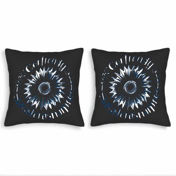 Set of 2 18x18in Throw Pillow Covers with Black Background White & Blue Floral Design Cursive Text: ' Confidently Discover the Beauty '