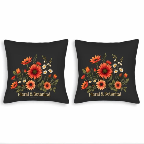 Set of 2 18x18in Throw Pillow Covers with Black Floral Design Featuring Intricate Orange Red and White Flowers for Couch Bed Car