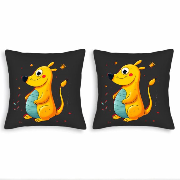 Set of 2 18x18in Throw Pillow Covers with Cartoon Animal Design - Cheerful Yellow Creature with Stars & Leaves for Couch Bed Car