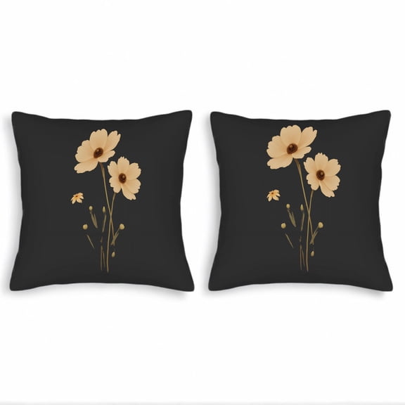 Set of 2 18x18in Throw Pillow Covers with Elegant Beige Floral Design on Black Background Perfect for Couch Bed or Car
