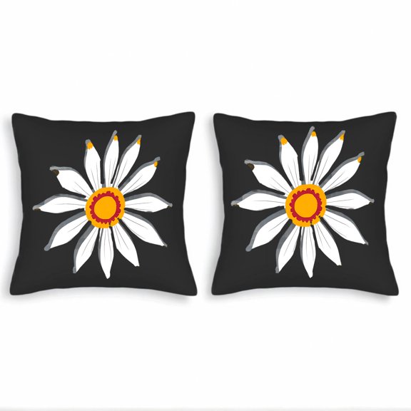 Set of 2 18x18in Throw Pillow Covers with Elegant Black Background White Flower Design Yellow Center & Red Ring - Perfect for Couch Bed Car