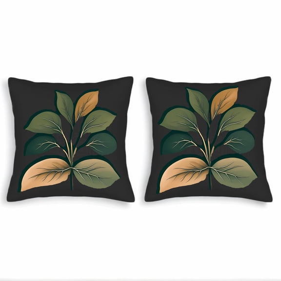Set of 2 18x18in Throw Pillow Covers with Elegant Botanical Leaf Design on Dark Background - Perfect for Couch Bed or Car Decor