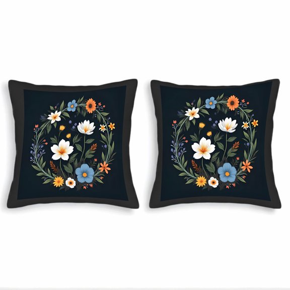 Set of 2 18x18in Throw Pillow Covers with Elegant Floral Design - Dark Background Colorful Flowers & Green Leaves for Couch Bed Car