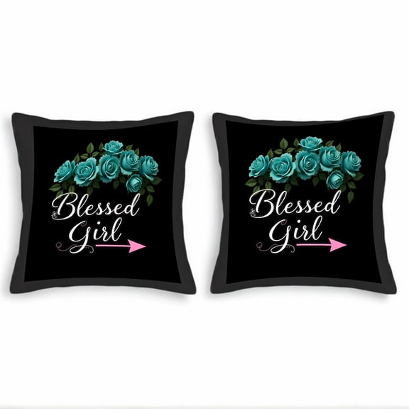 Set of 2 18x18in Throw Pillow Covers with Elegant Turquoise Roses on Black Background & ' Blessed ' in Cursive - Perfect for Couch Bed Car
