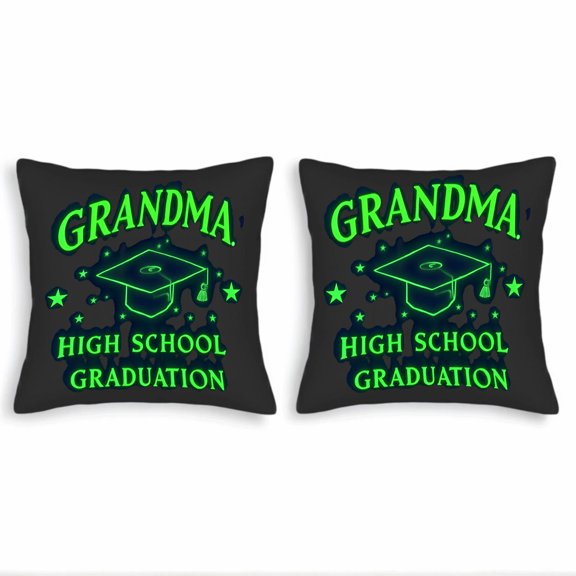 Set of 2 18x18in Throw Pillow Covers with Festive ' GRANDMA ' Graduation Design Glowing Green Text & Cap Perfect for Couch Bed Car