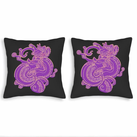 Set of 2 18x18in Throw Pillow Covers with Intricate Purple and Yellow Mythical Creature Design on Black Background - Perfect for Couch Bed Car