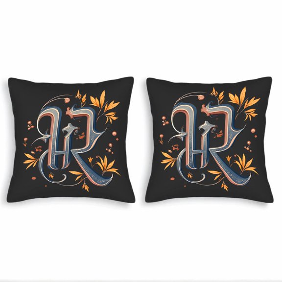 Set of 2 18x18in Throw Pillow Covers with Ornate Gothic ' R ' Design Surrounded by Vibrant Orange and Yellow Leaves Perfect for Couch Bed Car