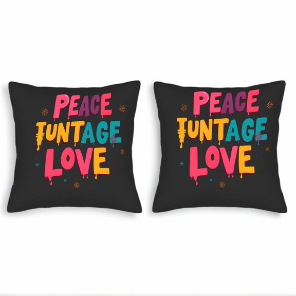 Set of 2 18x18in Throw Pillow Covers with Playful Graffiti Design: " PEACE TUNTAGE LOVE " on Black Background Perfect for Couch Bed Car