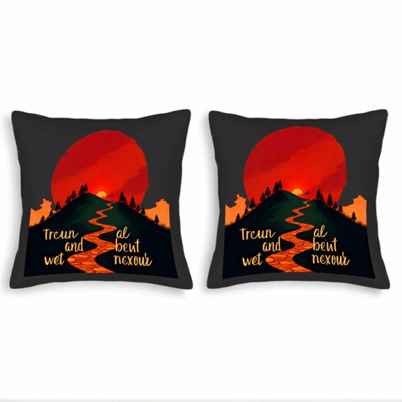 Set of 2 18x18in Throw Pillow Covers with Scenic Mountain Sunset Design Featuring Red Sun and Orange Stone Path Perfect for Couch Bed Car