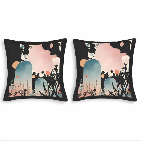 Set of 2 18x18in Throw Pillow Covers with Surreal Landscape Design Abstract Plants & Geometric Shapes in Soft Pastels for Couch Bed Car