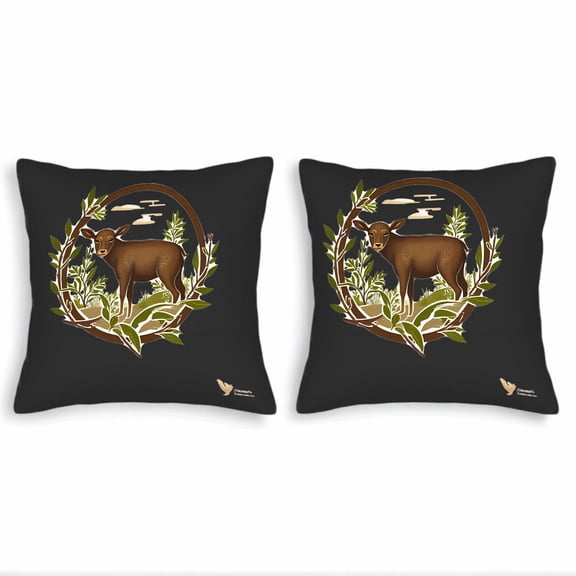 Set of 2 18x18in Throw Pillow Covers with Symmetrical Brown Animal Design Surrounded by Green Leaves - Perfect for Couch Bed or Car
