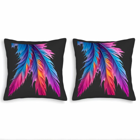 Set of 2 18x18in Throw Pillow Covers with Vibrant Colorful Feather Design on Black Background - Perfect for Couch Bed or Car