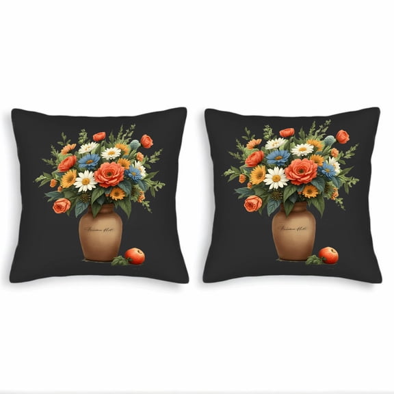 Set of 2 18x18in Throw Pillow Covers with Vibrant Floral Bouquet Design in Brown Perfect for Couch Bed or Car Decor