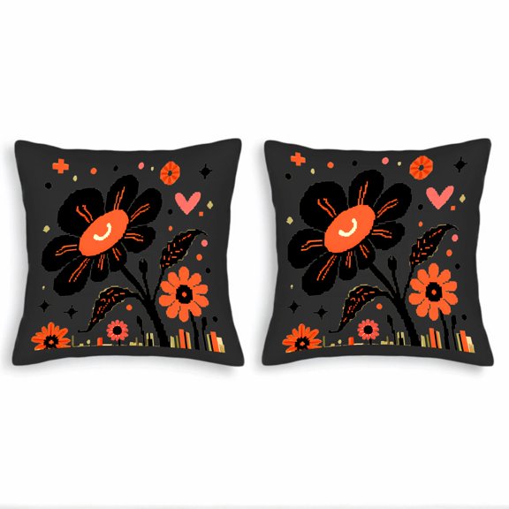 Set of 2 18x18in Throw Pillow Covers with Vibrant Floral Design - Black and Orange Flowers on Dark Gray Perfect for Couch Bed Car
