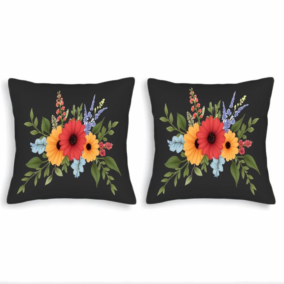 Set of 2 18x18in Throw Pillow Covers with Vibrant Floral Design - Colorful Blooms on Dark Background Perfect for Couch Bed or Car
