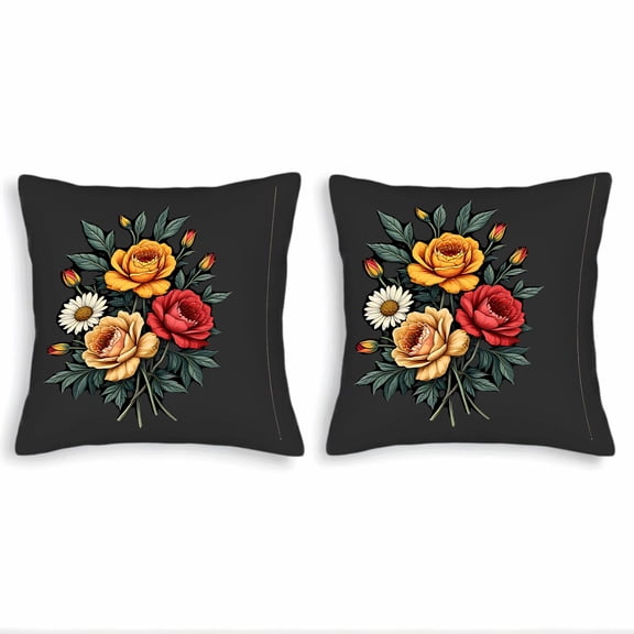Set of 2 18x18in Throw Pillow Covers with Vibrant Floral Design - Yellow and Red Roses with Green Leaves on Dark Background Perfect for Couch Bed Car