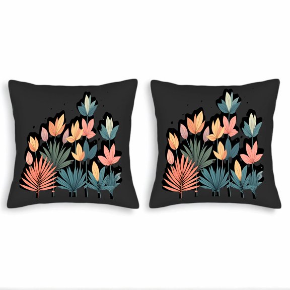 Set of 2 18x18in Throw Pillow Covers with Vibrant Floral and Plant Design on Black Background - Perfect for Couch Bed or Car