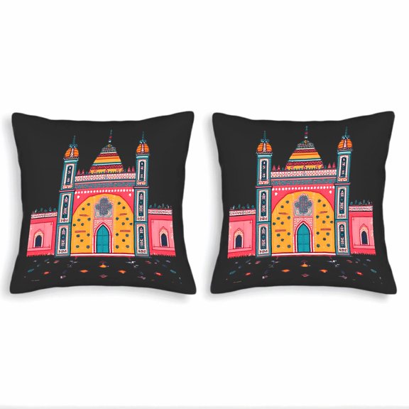Set of 2 18x18in Throw Pillow Covers with Vibrant Middle Eastern Architectural Design Featuring Colorful Domes and Intricate Patterns