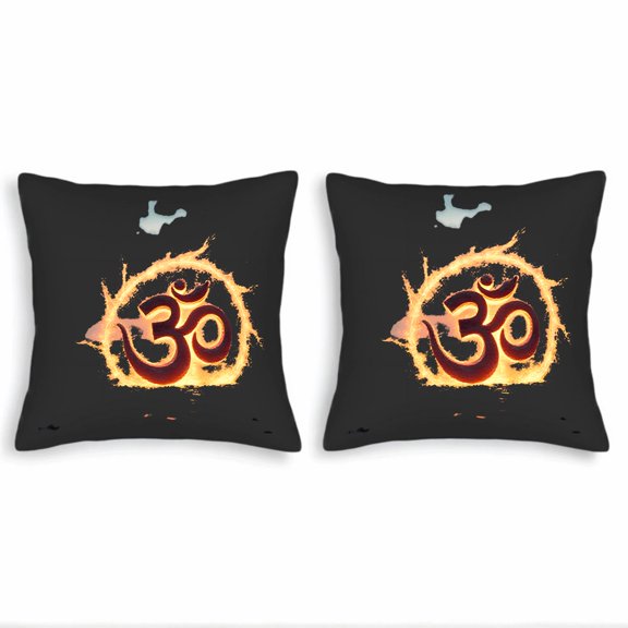 Set of 2 18x18in Throw Pillow Covers with Vibrant Om Symbol Design Surrounded by Flames Perfect for Couch Bed or Car Decor