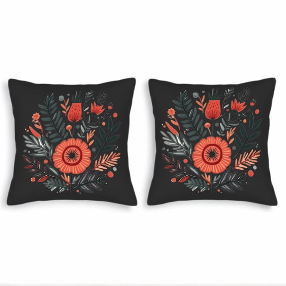 Set of 2 18x18in Throw Pillow Covers with Vibrant Orange Floral Design on Black Background Perfect for Couch Bed or Car Decor