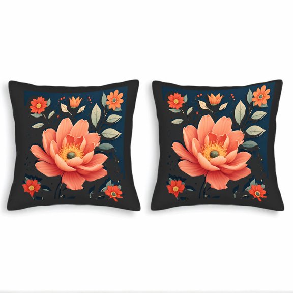 Set of 2 18x18in Throw Pillow Covers with Vibrant Orange Floral Design on Dark Blue Background - Perfect for Couch Bed or Car Decor