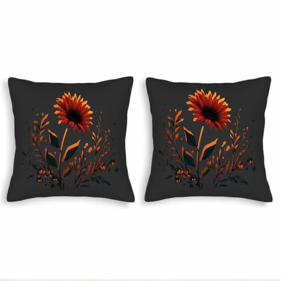 Set of 2 18x18in Throw Pillow Covers with Vibrant Red - Orange Floral Design on Dark Background Perfect for Couch Bed or Car