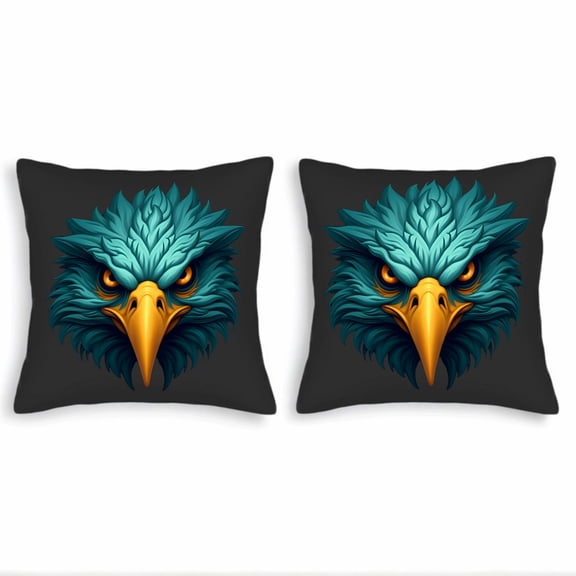 Set of 2 18x18in Throw Pillow Covers with Vibrant Teal Eagle Design and Striking Orange Eyes Perfect for Couch Bed or Car