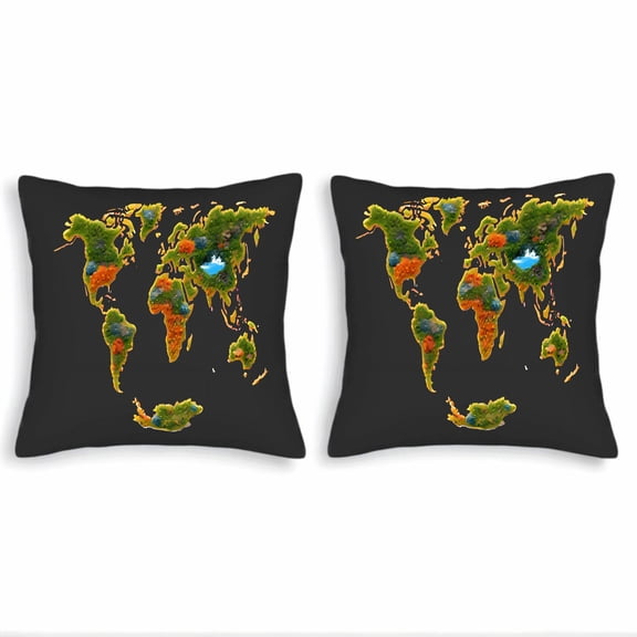 Set of 2 18x18in Throw Pillow Covers with Vibrant World Map Design Colorful Vegetation on Dark Background Perfect for Couch Bed Car