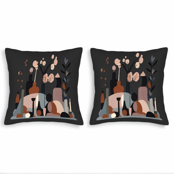 Set of 2 18x18in Throw Pillow Covers with Whimsical Abstract Shapes in Muted Brown Pink Gray and Black - Perfect for Couch Bed or Car