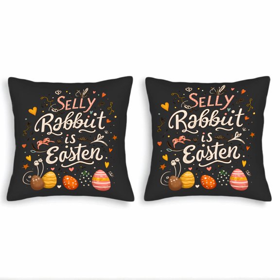 Set of 2 18x18in Throw Pillow Covers with Whimsical " Selly Rabbit is Easter " Design Colorful Eggs & Hearts Perfect for Couch & Bed
