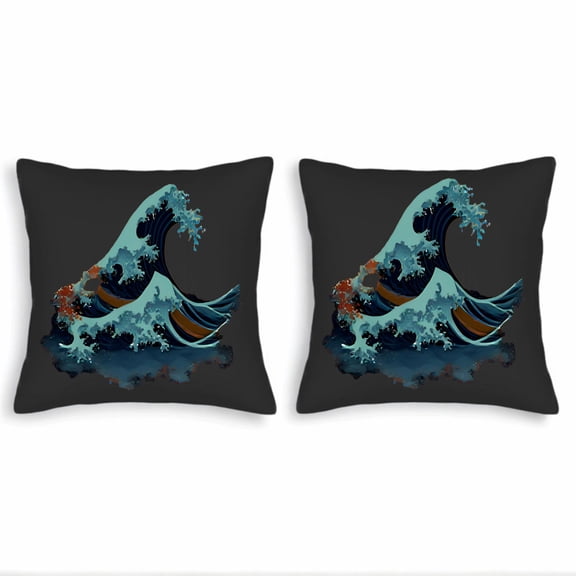 Set of 2 18x18in Throw Pillow Covers with a stylized wave design inspired by Japanese art perfect for couch bed or car