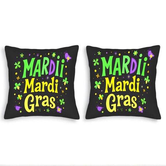 Set of 2 18x18in Throw Pillow Covers with vibrant " MARDIi Mardi Gras " design featuring colorful flowers and clovers on a black background