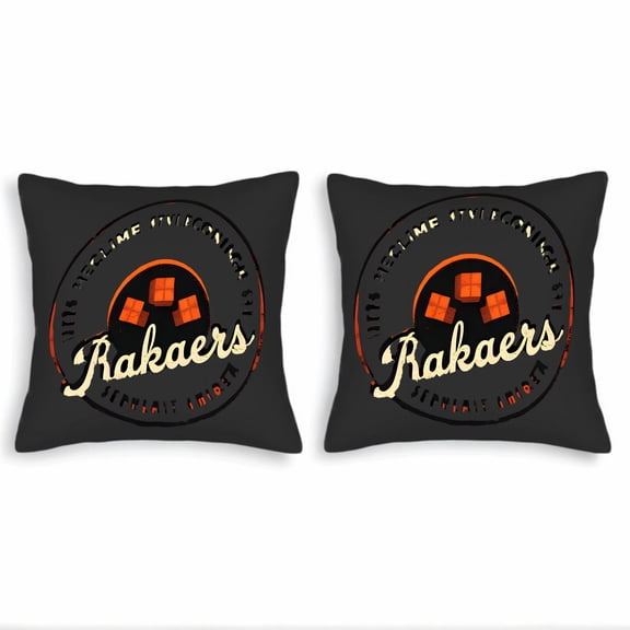 Set of 2 18x18in throw pillow covers featuring a stylish dark background with a unique circular emblem and vibrant orange