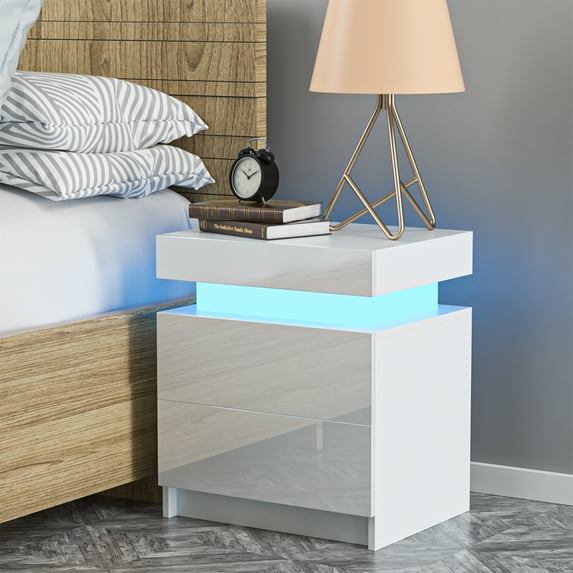 (Set of 2) 2 Drawer LED Nightstand, High Gloss Bedside Table for Bedroom