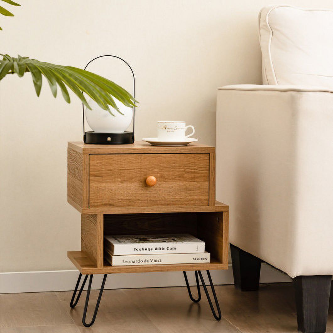 Set of 2 2Tier Irregular Wooden Nightstands with Elevated Metal Feet