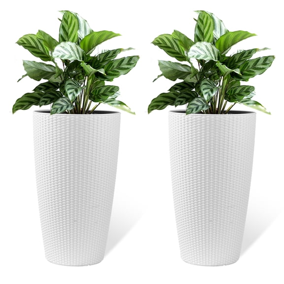 Set of 2 22 Inch Faux Rattan Tall Planters Outdoor Indoor Automatic Watering Flower Pots with Water Level Monitor White