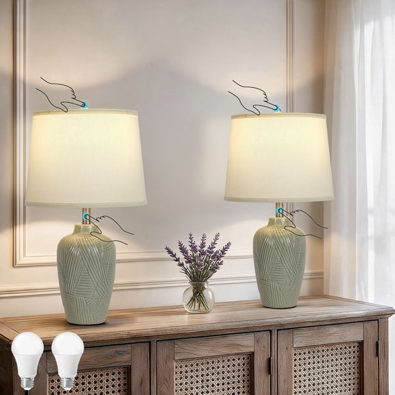 Set of 2 23.82" Ceramic Touch Table Lamps, Stepless Dimming Memory, Beige Linen Shade Farmhouse Bedside Nightstand Lamps for Bedroom