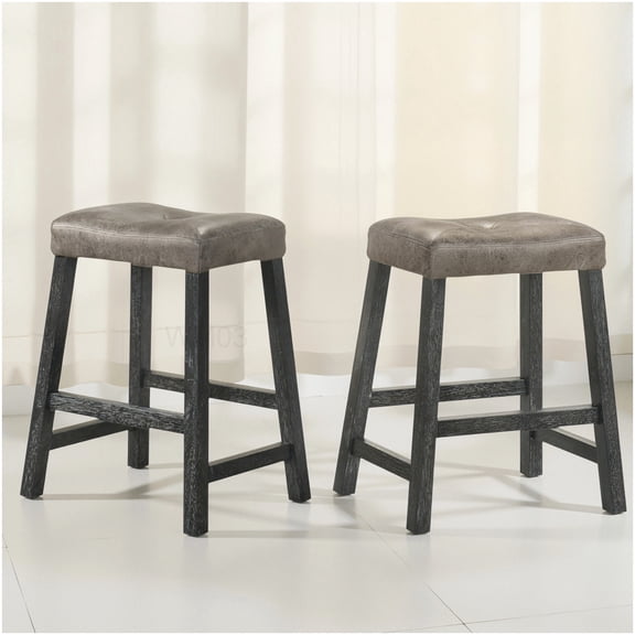 Set of 2 25 Inch Farmhouse Bar Stools, Backless Counter Height Stools with Faux Leather Seat in Gray Wash Wood