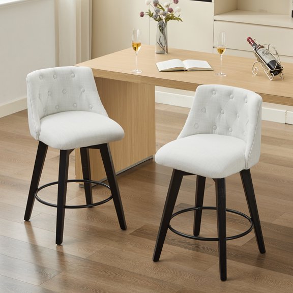 Set of 2 25" Stools - Smooth Swivel & Wipe-Clean Linen - Kitchen or Breakfast Bar - Comfortable