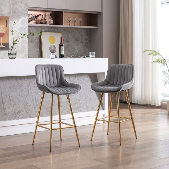 Set of 2 26 Inch Gray Velvet Bar Stools with Chrome Footrest / Charming Seating for Rooftop Bars