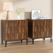 Set of 2 - 26  Tall Fluted 3 Drawer Walnut Nightstands, Mid-Century Modern Wood Bedside Tables for Bedroom or Living Room
