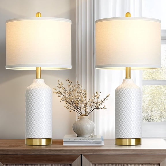 Set of 2 26" White Ceramic Table Lamps for Living Room, Modern Tall Bedside Lamp for Nightstand, Classic Farmhouse Bedroom Lamp for Desk, End Table