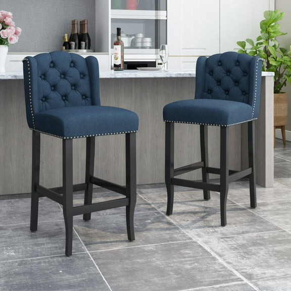 Set of 2 27" Counter Stools (Charcoal Fabric – Wingback, Diamond Tufted, Nailhead Accents, Rubberwood Frame for Kitchen Island)
