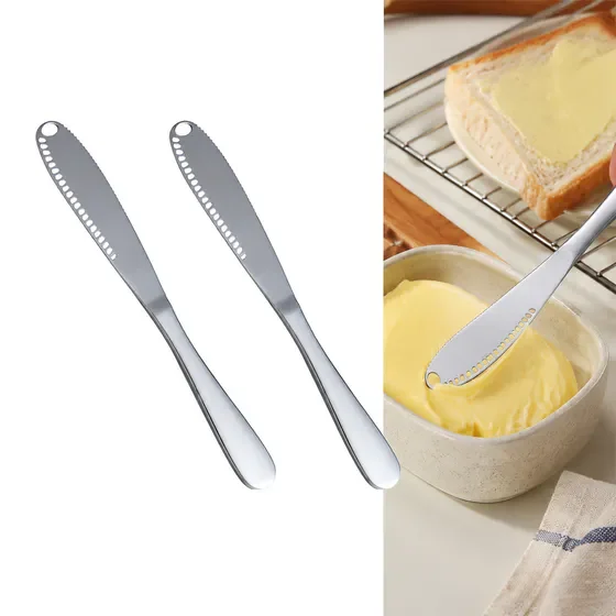 Set of 2 3-in-1 Stainless Steel Spreader Knife, Multi-Function Serrated Knife with Curling Holes for Cold Butter, Jam & Cream