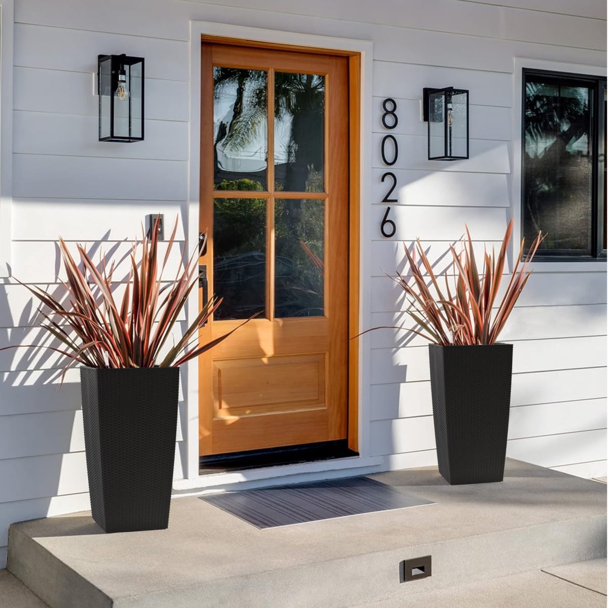 Set of 2 30 Inch Tall Large Flower Pots Self Watering Planters with Drain Holes Water Level Monitor Inner Bucket Black